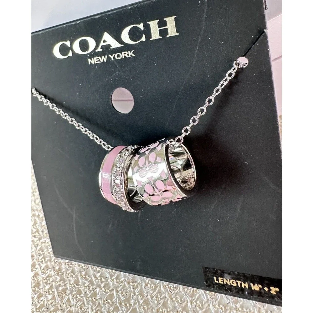 Coach Silver Signature Rondell 3 Ring Necklace Pink Enamel 16” + 2”